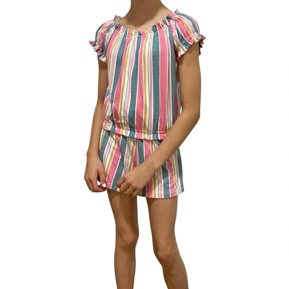 SHOSHO Top Shorts Set Size 10 Pink Stripes Comfortable Elastic Waist